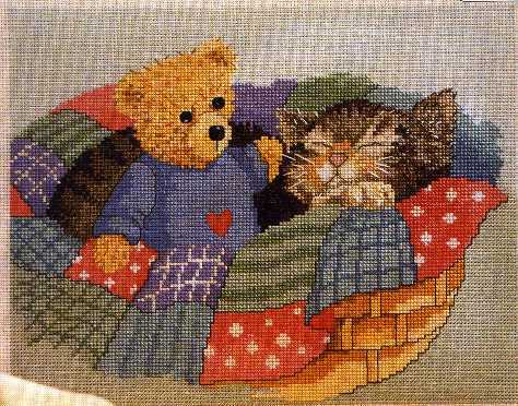 Схема вышивания крестом - Котёнок с плюшевым медведем